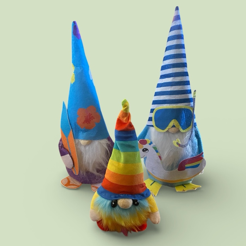 Set of 3 LARGE 13 1/2” Tall & 9” Tall Colorful Summertime Gnomes
